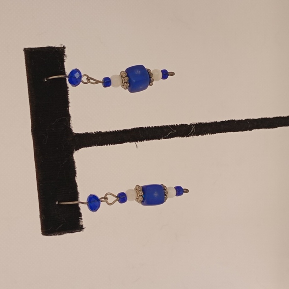 Handmade Blue and White Beaded Earrings Casual Formal Silver Fall Winter Gift